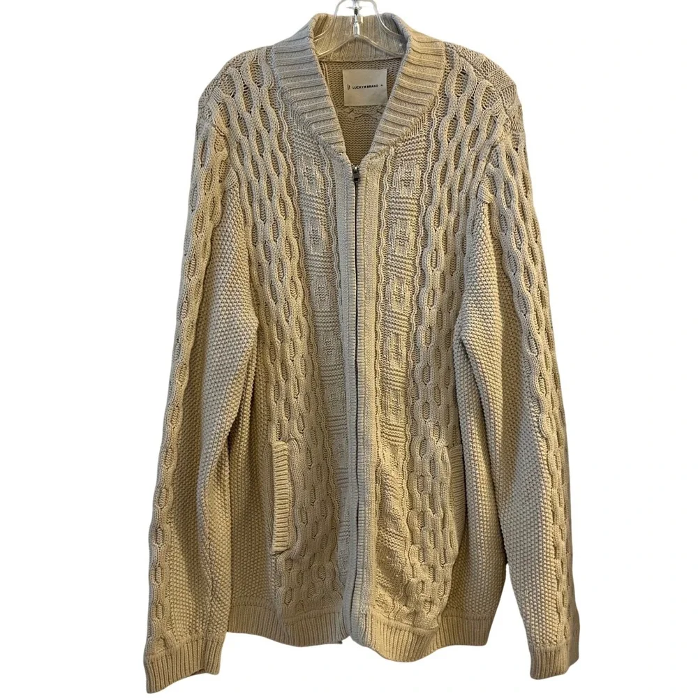 Lucky Brand Mens Cream Cable Knit Full Zip‎ Cardigan Sweater XL